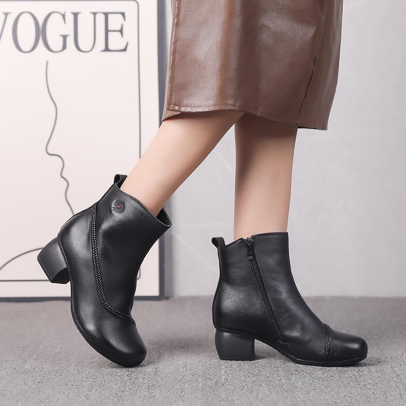 Top Layer Cowhide Leather Shoes Women Casual Retro Soft Sole Boots National Style Versatile Leather Boots Mid-Heel Mother Boots