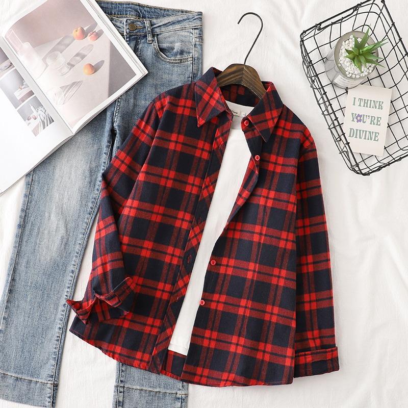 Autumn Women's Red Black Plaid Shirt Lady Fit Long Sleeve Cotton Casual Shirts & Tops Ladies Multicolor Checkered Clothes