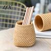 Pen Storage Container Faux Rattan Holder, Woven Style Makeup Brush Boho Pencil Case Desktop Organizer, Multi-functional Resin Cup for Home Office