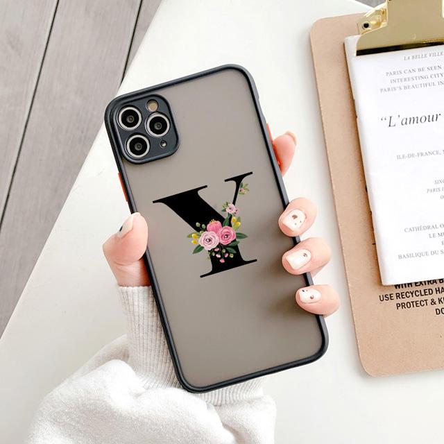 Black Letter Flower Matte Phone Case For iPhone 15 12 14 Pro Max Cases For iPhone 11 13 pro Back Cover fashion Shell Coque