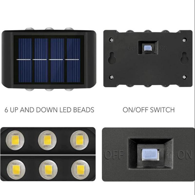 6pcs 6LED Solar Light Outdoor Waterproof Up and Down Luminous Lighting for Garden Fence Decoration Sunlight Wall Lamp