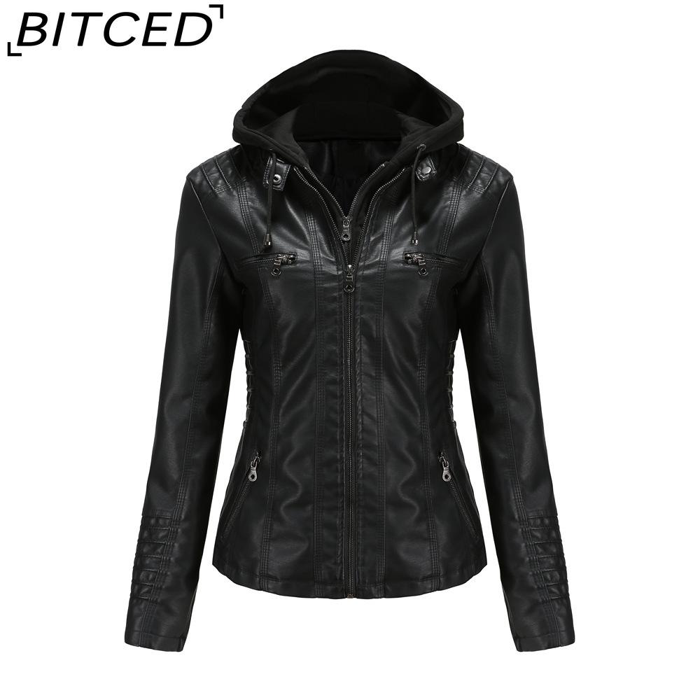 BITCED Hooded Leather Jacket Two-Piece Set with Detachable Lining Plus Size Leather Jacket for Women Spring/Autumn Outerwear