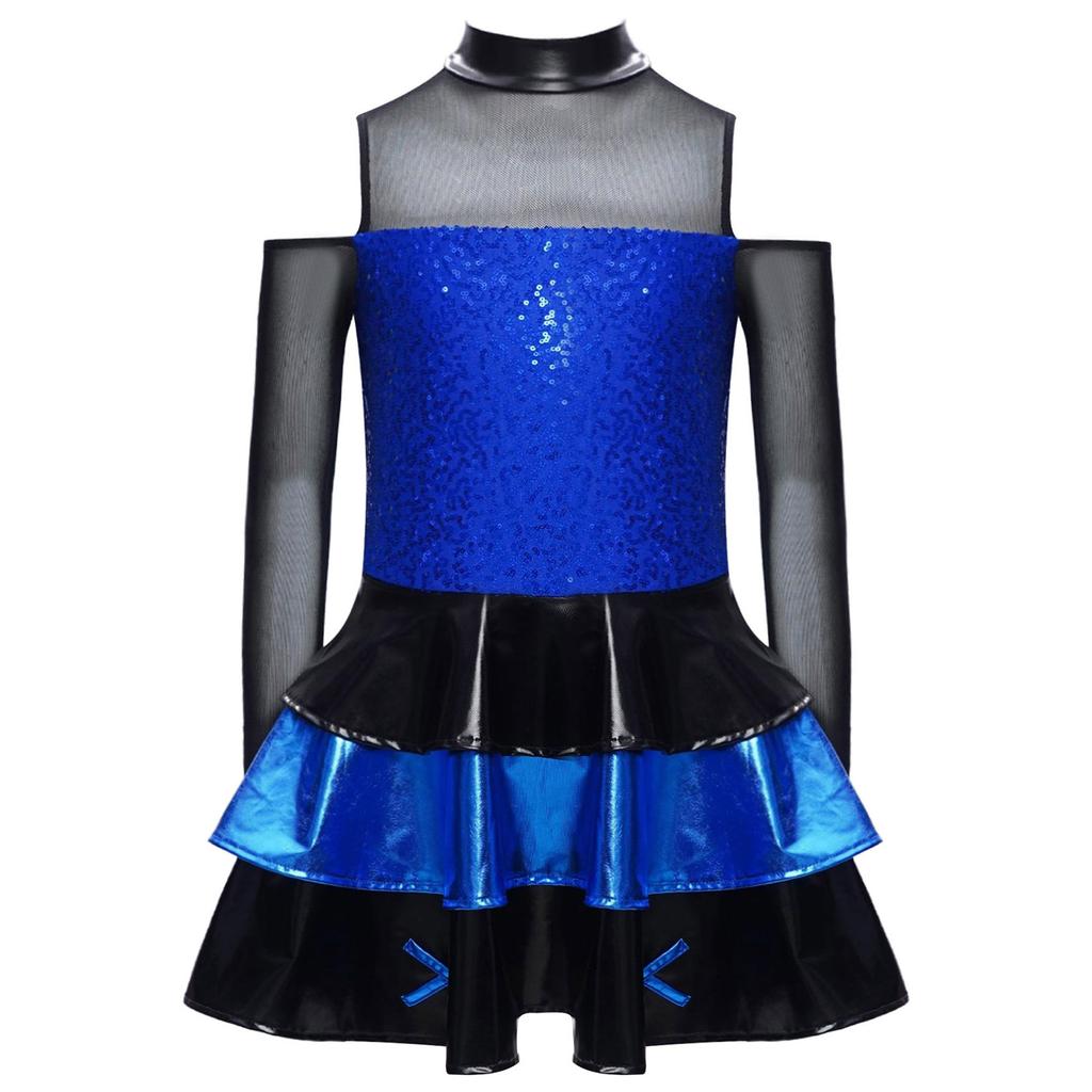 Vestido de Menina Brilhante com Lantejoulas em Camadas e Babados Ombro a Ombro Manga Longa Gola Alta Roupa de Jazz