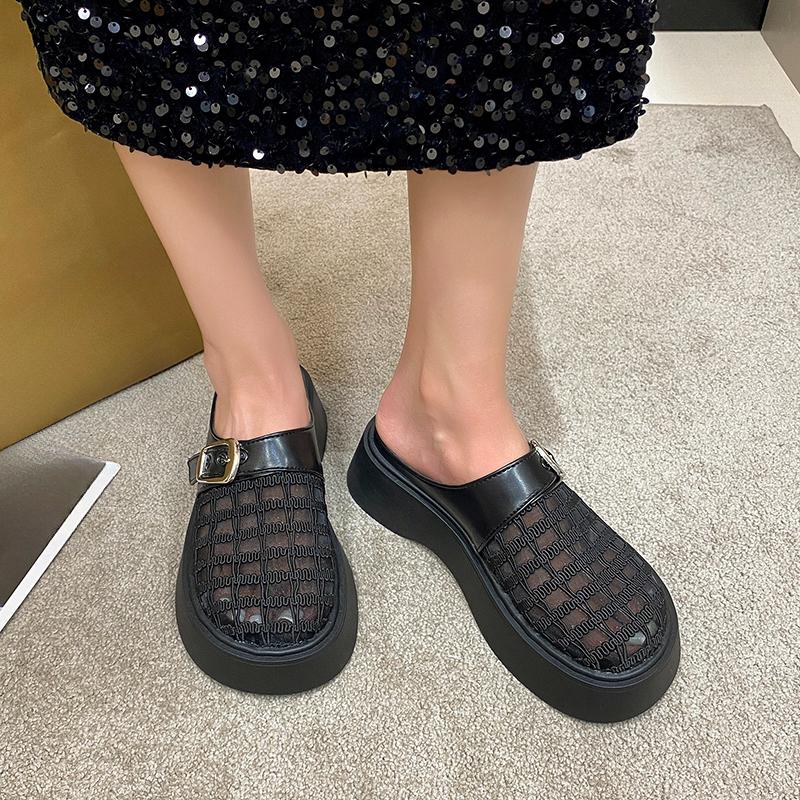 Fashion Slope Slippers Summer New Round Head Deep Mouth Mesh Cloth Rivets Metal Buckle Waterproof Platform Non-slip High Heels