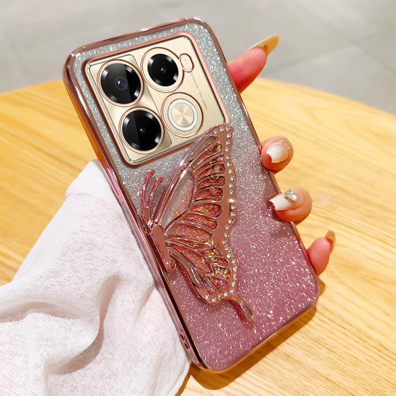 Chuan Yin Note40 Glitter Butterfly Stand Phone Case - Electroplated Diamond Flowing Sand Design for HOT40/GT20pro
