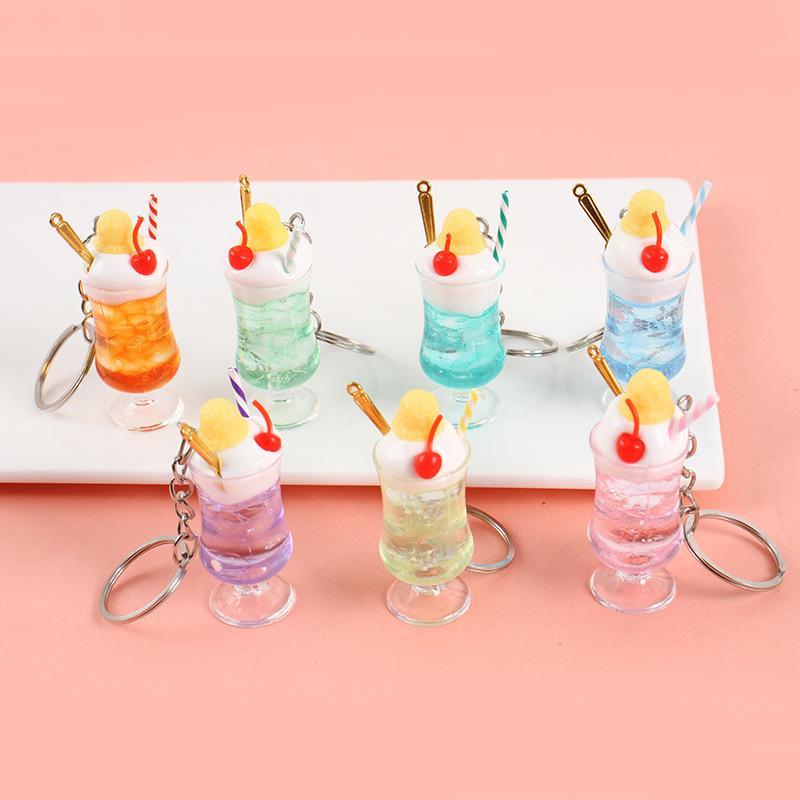 Mini Simulation Drink Cup Keychain Fake Juice Ice Cream Model Hanging Ornament Bag Pendant Decoration Car Keys Holder