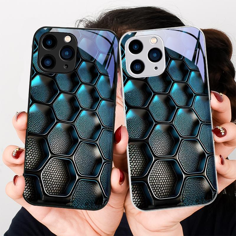 Blue Gradient Grid For IPhone 16 Plus 15 14 13 12 Mini 11 Pro Max X XS XR 7 8 Plus 2022 Tempered Glass Phone Case