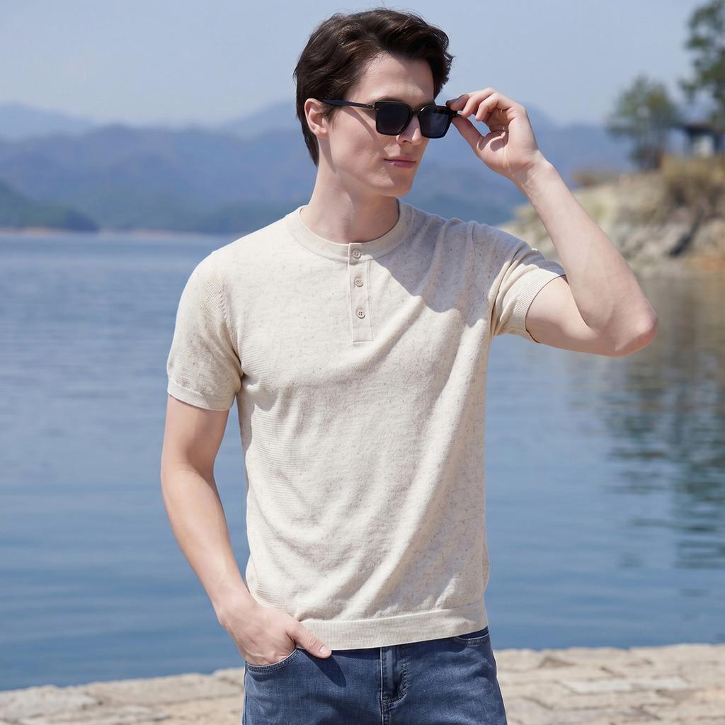 Tencel+Linen Light Luxury Old Money Style Summer Fashion Flower Yarn Short Sleeve T-shirt Men's Versatile Half Sleeve Knitted Shirt