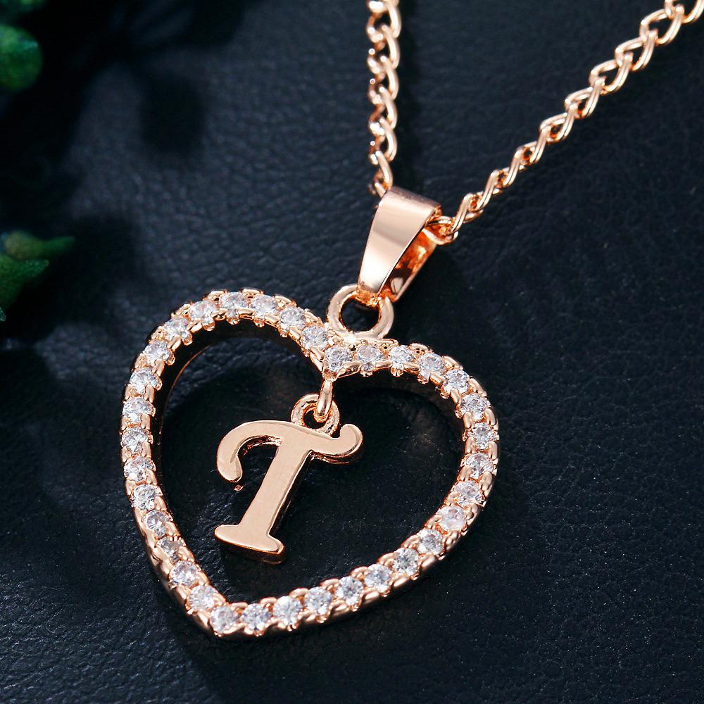 Heart Pendant Zircon Letter Necklace - 26 Letters Available