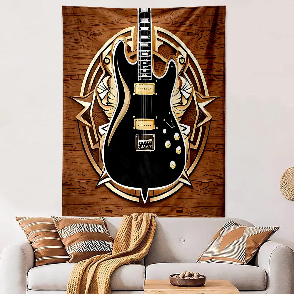 Vertical Tapestry Black Electric Guitar Wood Grain Shield Emblem Tapestry Wall Hanging Men Cave Decor Gift