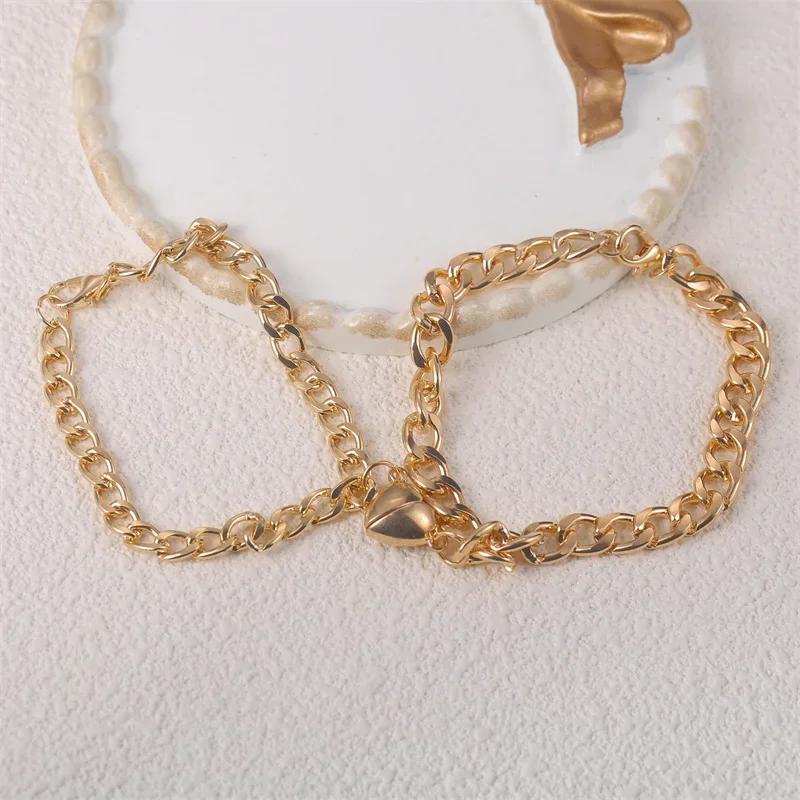 Fashion Simple Heart Shape Magnetic Couple Bracelet Silver Color Personality Vintage Women Man Promise Bracelet Lover Jewelry