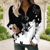 Women Plus Size V Neck Front Zip Long Sleeve Black White Butterfly Printed Sweatshirt