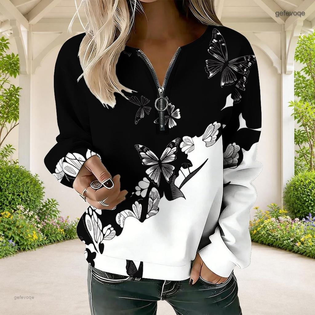 Women Plus Size V Neck Front Zip Long Sleeve Black White Butterfly Printed Sweatshirt