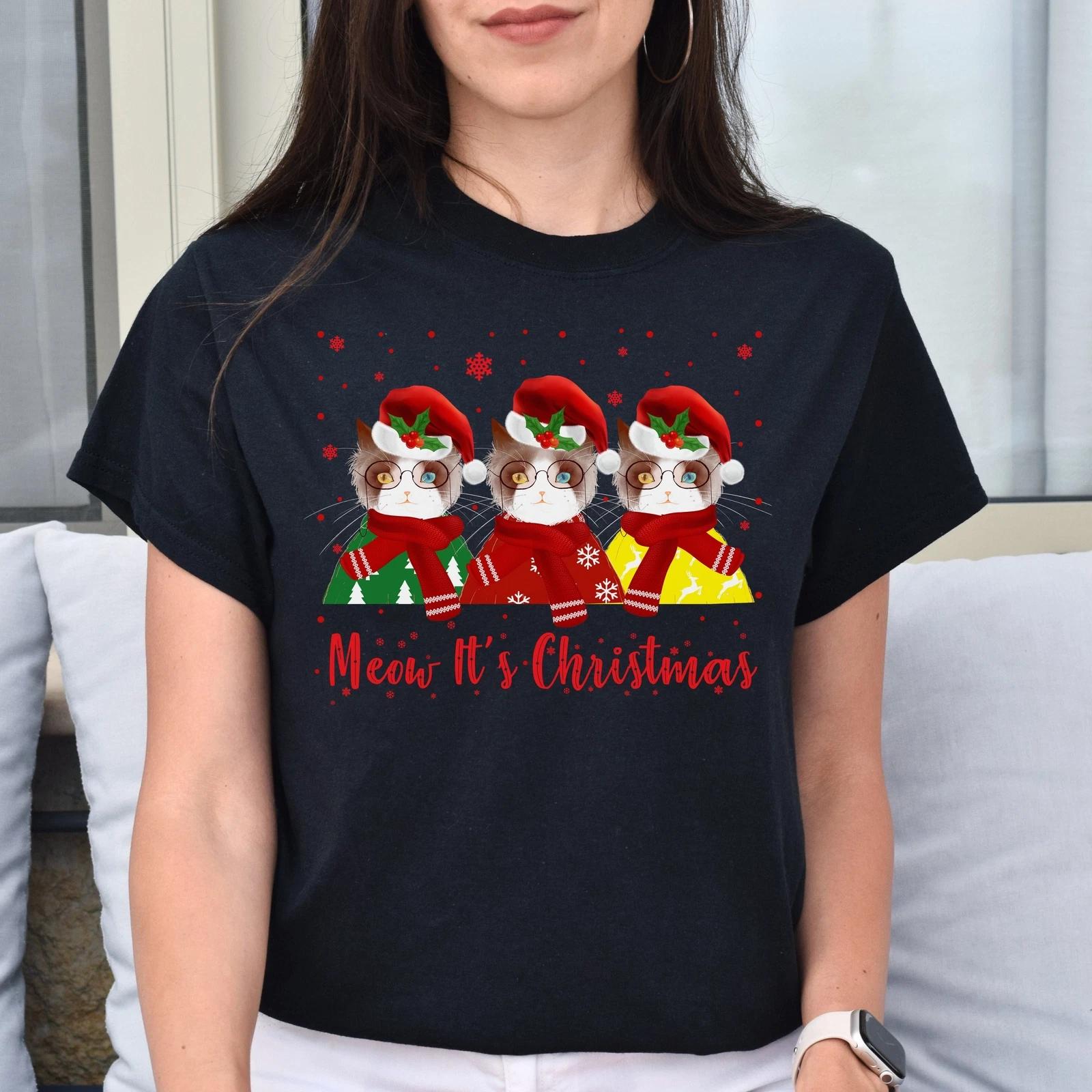 Meow it s Christmas Unisex shirt cat Holyday tee Black Dark Heather 4XL