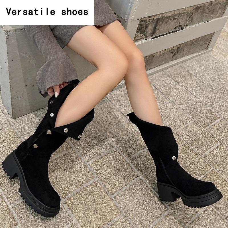 Winter Chunky Women Mid Calf Boots Fashion Warm Cotton Knight Long Booties Square Heels Party Dress Ladies Shoes