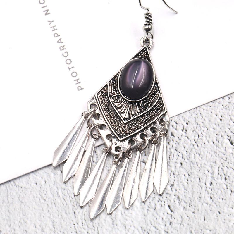 GemChic Women's New Vintage Rhomboid Natural Stone Long Tassel Fringe Earrings Ethnic Fashion Hook Earrings Birthday Christmas Jewelry Gift