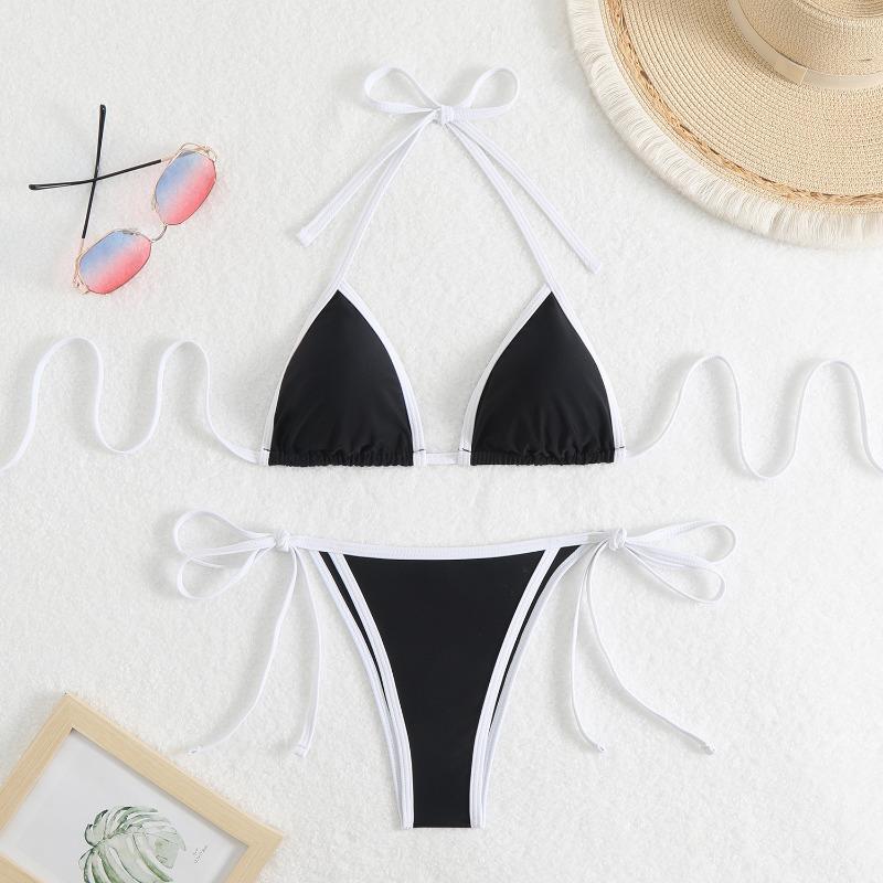 New solid color women's split sexy triangle color matching bikini strap beach hot spring swimsuit