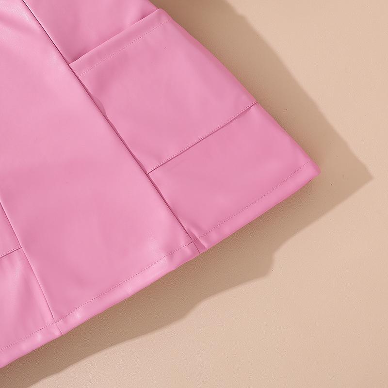 Girl's Suit 7-12y Children's Summer New Children's Fashion Bubble Sleeve Top + Leather Half Skirt 2pcs