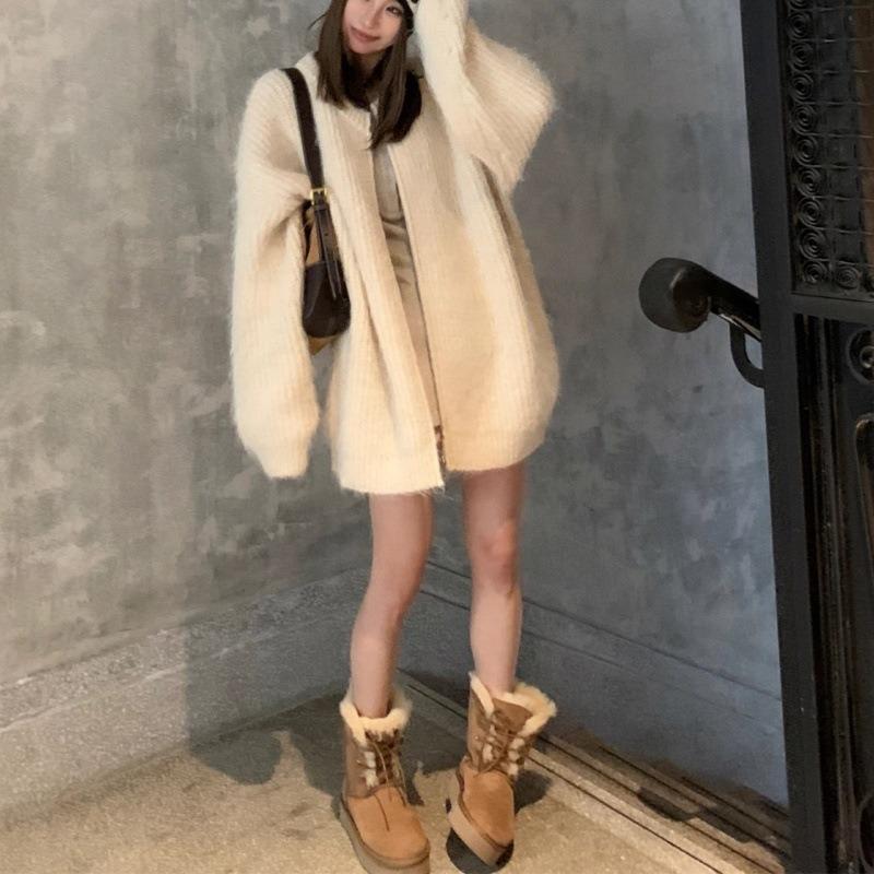 Crew neck zipper thickened knitted cardigan women's autumn and winter new loose lazy sweater jacket women