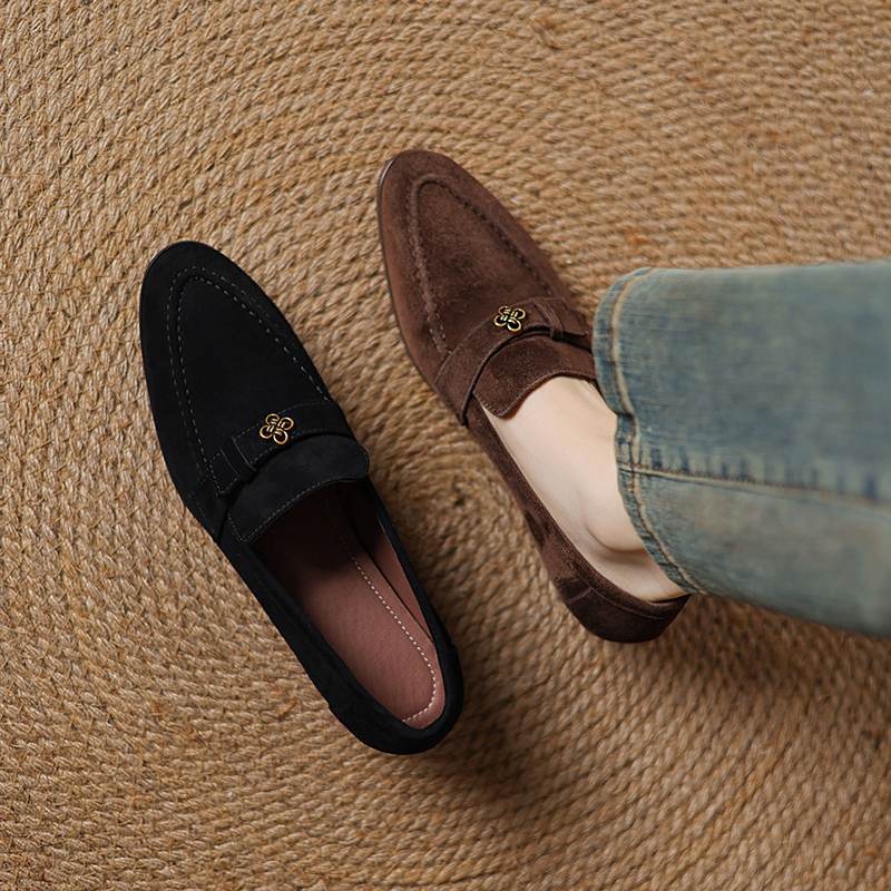 Krazing Pot Sheep Suede Autumn Winter Shoes Metal Decoration Loafers Med Heels Slip On Size 42 Round Toe Slip On Deep Mouth Pumps