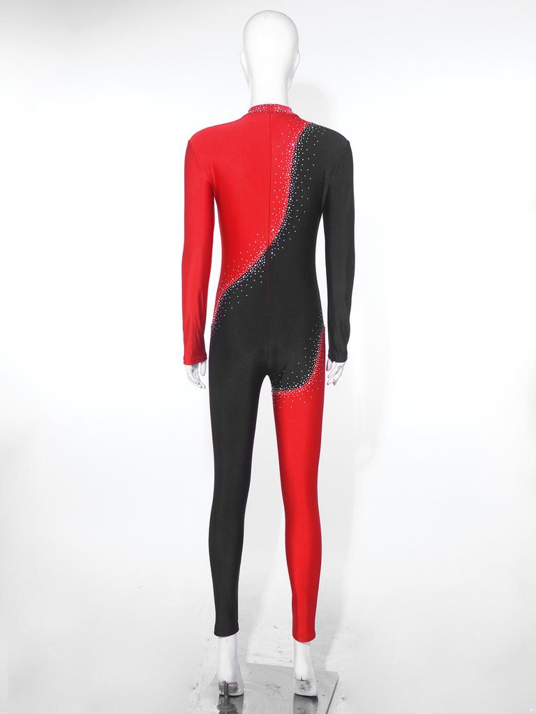 S-3XL Women‘s Dance Bodysuit Sparkly Rhinestones Long Sleeve Pants Back Zipper Color Block Full Coverage Unitard for Skating Ballet