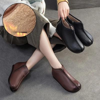 Genuine Leather Plush Warm Cotton Shoes Round Toe Flat Ankle Boots Commuting Women's Shoes