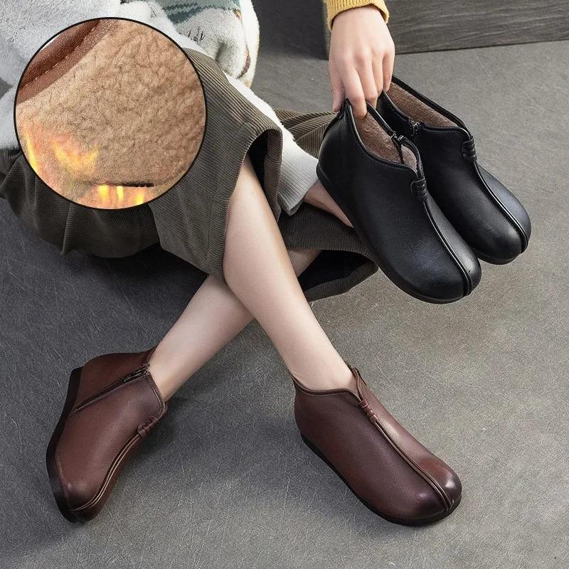 Johnature Genuine Leather Plush Warm Cotton Shoes Round Toe Flat Ankle Boots Commuting Women's Shoes