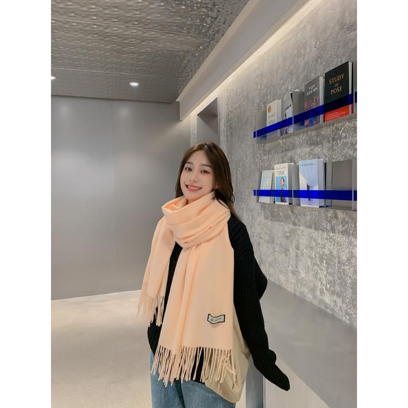 Solid Color Wool Scarf for Women Autumn and Winter Tassel Air Conditioned Room Shawl Green Red Winter Men's Cashmere Scarf