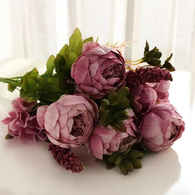 Vintage Artificial Peony Silk Flowers Bouquet for Home Wedding Decoration
