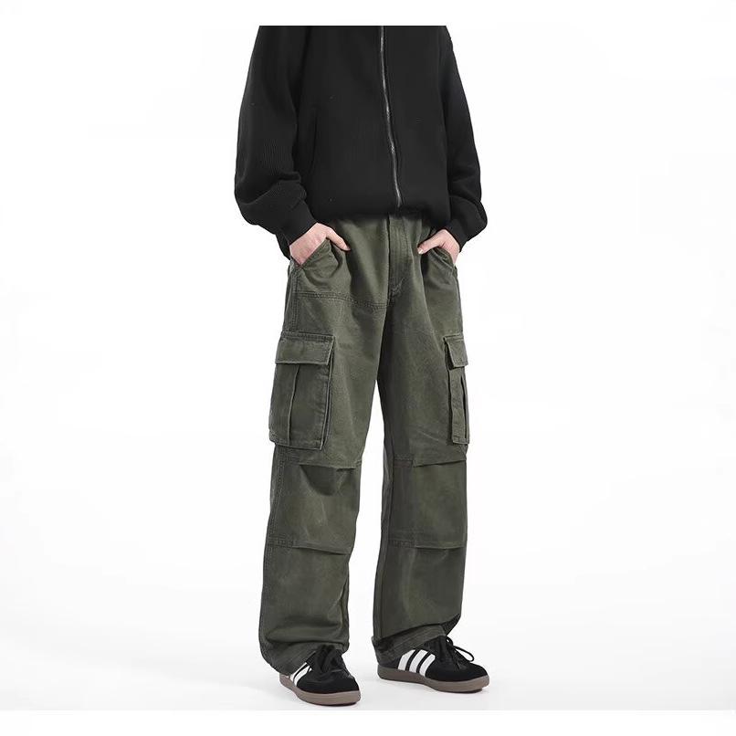 Men's Retro Punk Cargo Pants - Spring/Autumn 2025, Multi-Pocket, Heavyweight, Loose Fit, Straight Leg, Casual.