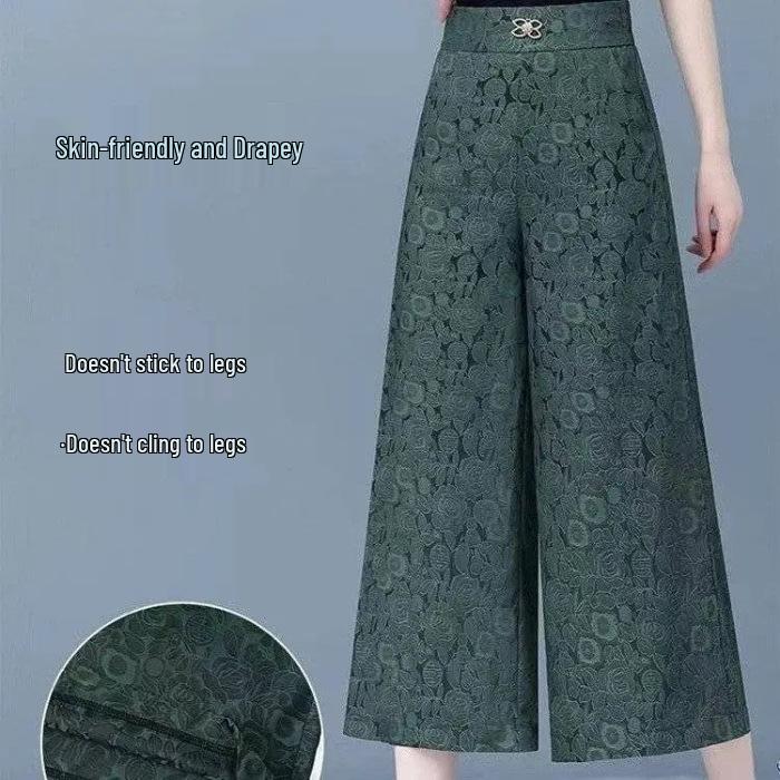 

High-Waisted Summer Jacquard Wide-Leg Cropped Pants for Women - Stylish, Loose, Casual Fit L зелёный