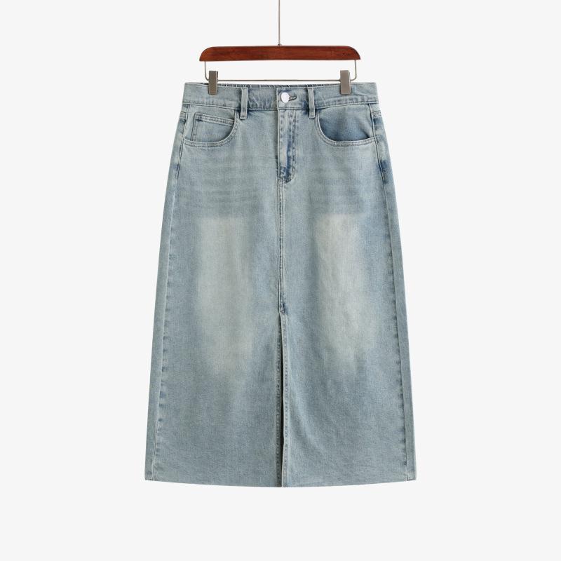 

Женская джинсовая юбка А-силуэта с разрезом и высокой талией. Универсальная летняя свободная юбка. 4XL светло-синий