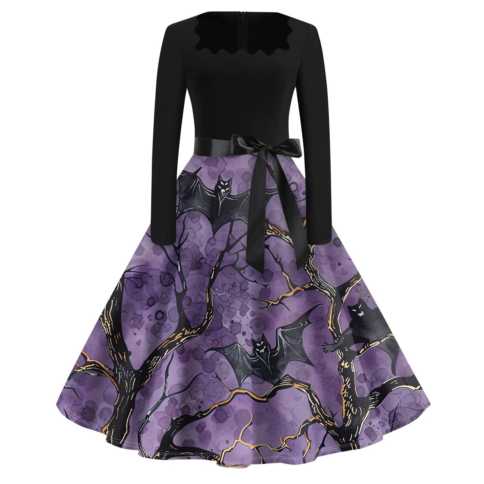 

Платье с расклешенным принтом на Хэллоуин для женщин, платье с длинным рукавом, полые вечерние повседневные платья XXL фиолетовый