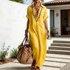 Sommer Baumwoll-Leinen Maxikleid für Damen Lässig V-Ausschnitt Kurzarm Fließendes Strand-Sonnenkleid Bestickte Tunika Langes Kleid mit Tasche