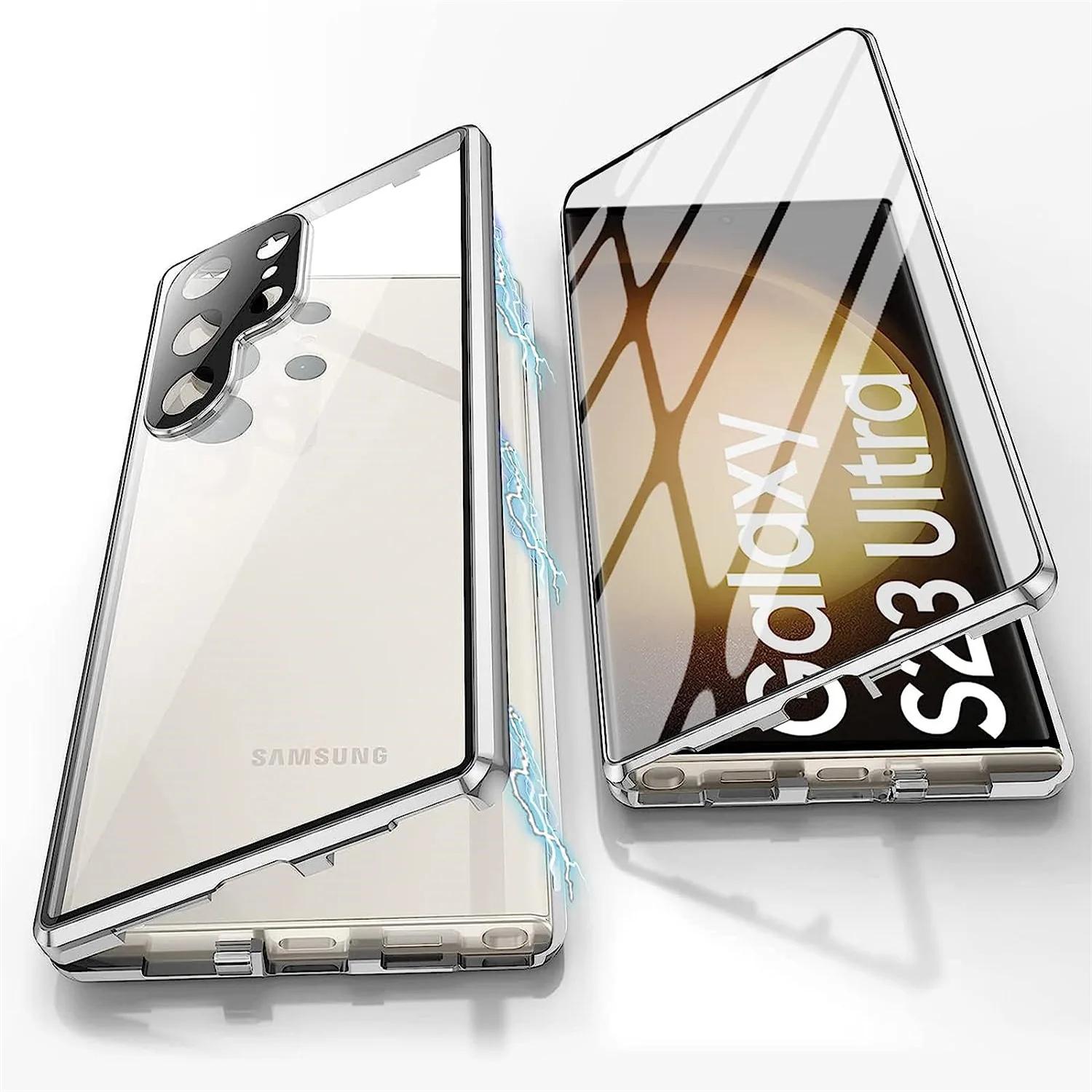 

For Samsung Galaxy S24 S22 S23 S25 Ultra Case Luxury Metal Alloy Magnetic 360° Full Surround Screen HD Glass Protection Cover For Galaxy S24Plus срібний