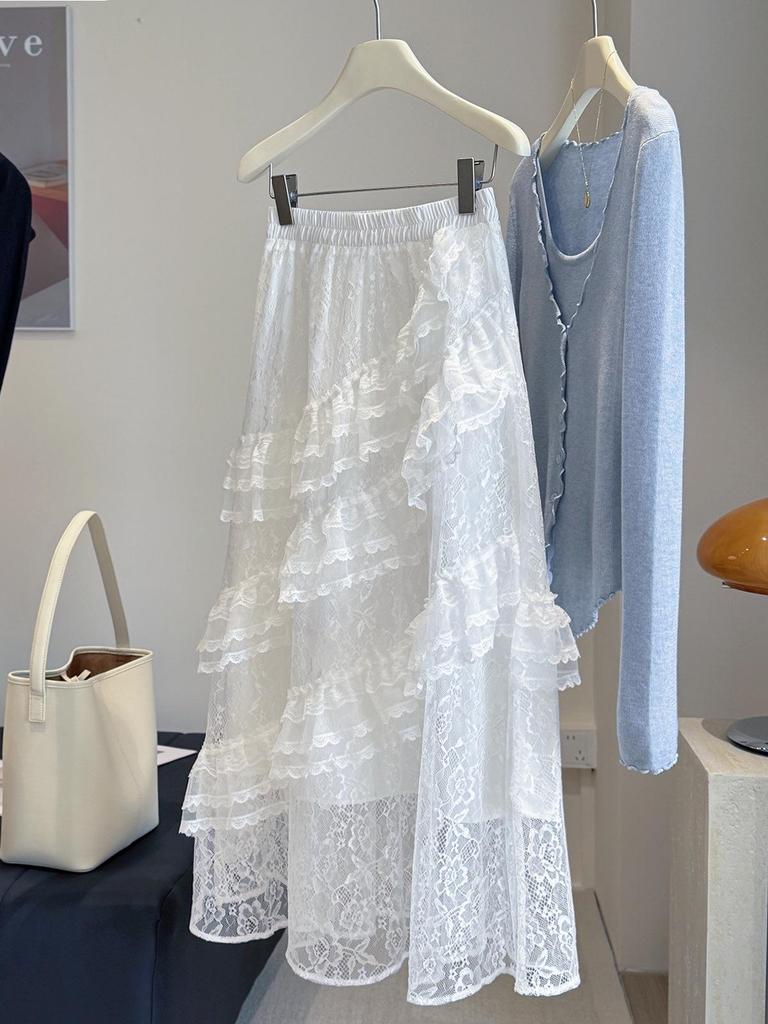 Women's Summer 2025 High Waist Lace A-line Skirt - Irregular Mid-length Drapey Design