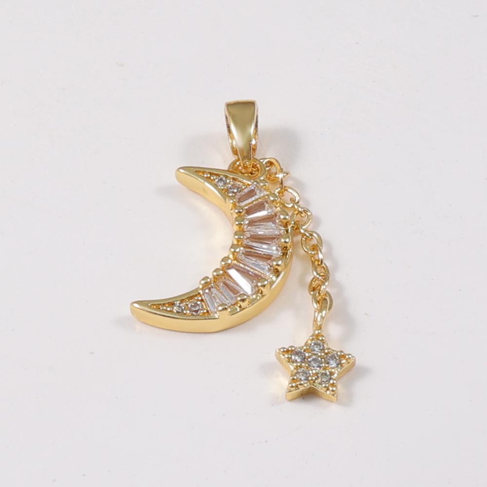 Elegant Star and Moon Crescent Pendant with Square Cut and Small Diamonds on Clavicle Chain