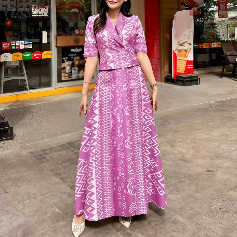 ZANZEA Women Short Sleeve Blouse and Long Skirt Retro Print Two Piece Suit Sets