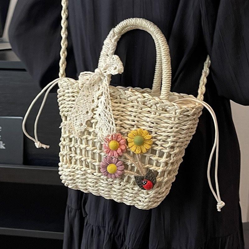 Chic Handcrafted Woven Bag Stylish Rattan Tote With Floral Print And Scarf