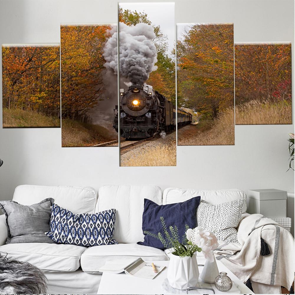 

5 шт., настенная живопись на холсте, осенний поезд, пейзажный постер, современное украшение для дома, модульная картина для гостиной, спальни