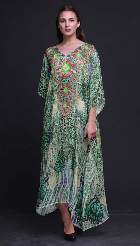 Phagun Butterflies & Leopard Animal Skin Beach Kaftan Bikini Cover Up Womena    S Maxi Dress Long