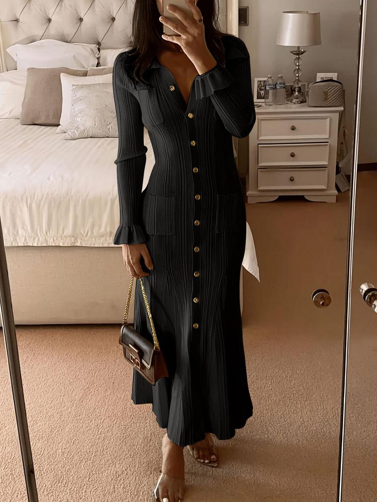 Europäisches & Amerikanisches Slim Fit Strickkleid mit Revers - Elegant einfarbig für Herbst/Winter