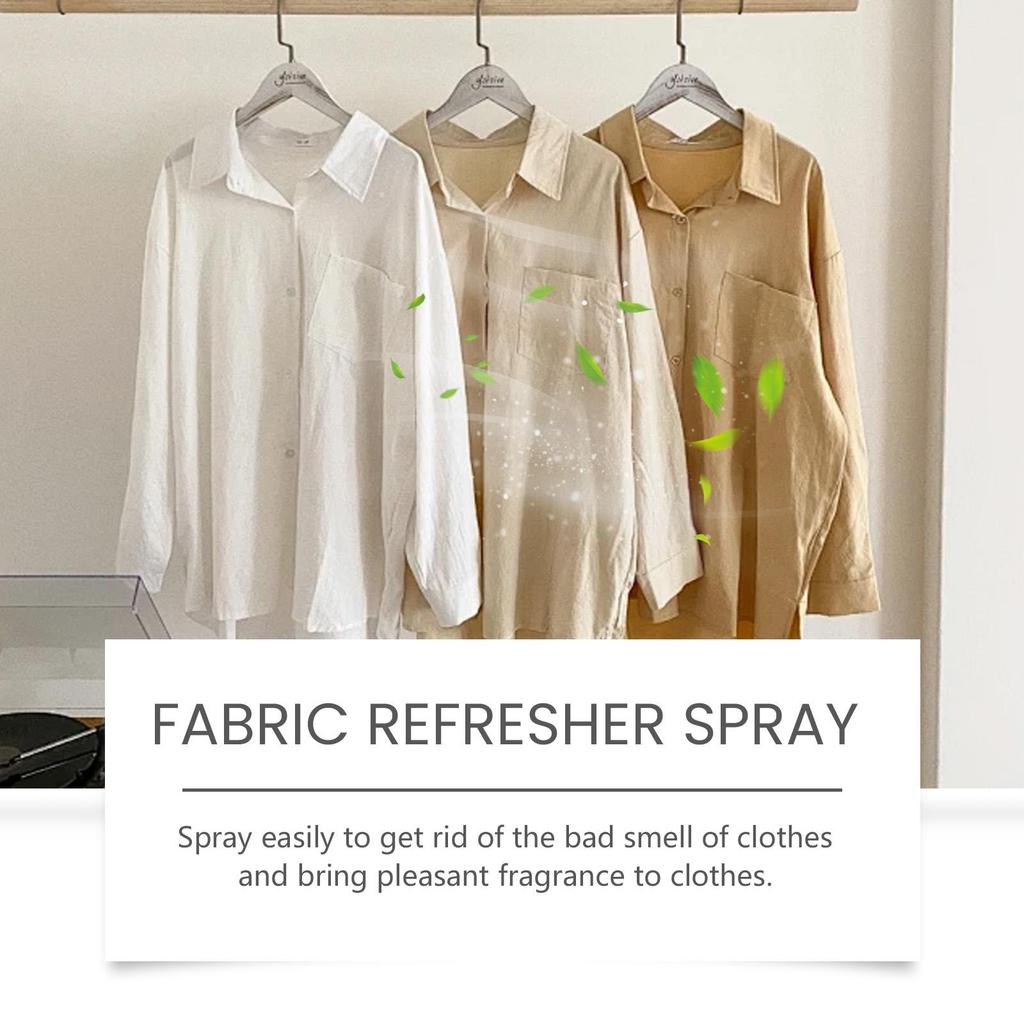 Clothing freshening spray with luxurious long-lasting fragrance removes static electricity and is convenient for on-the-go use