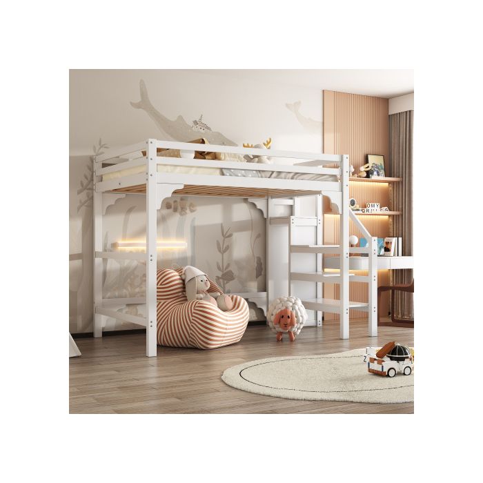 Lit superposé - MUVOE - 140x200cm - Bois massif - Escalier de rangement - Armoire intégrée