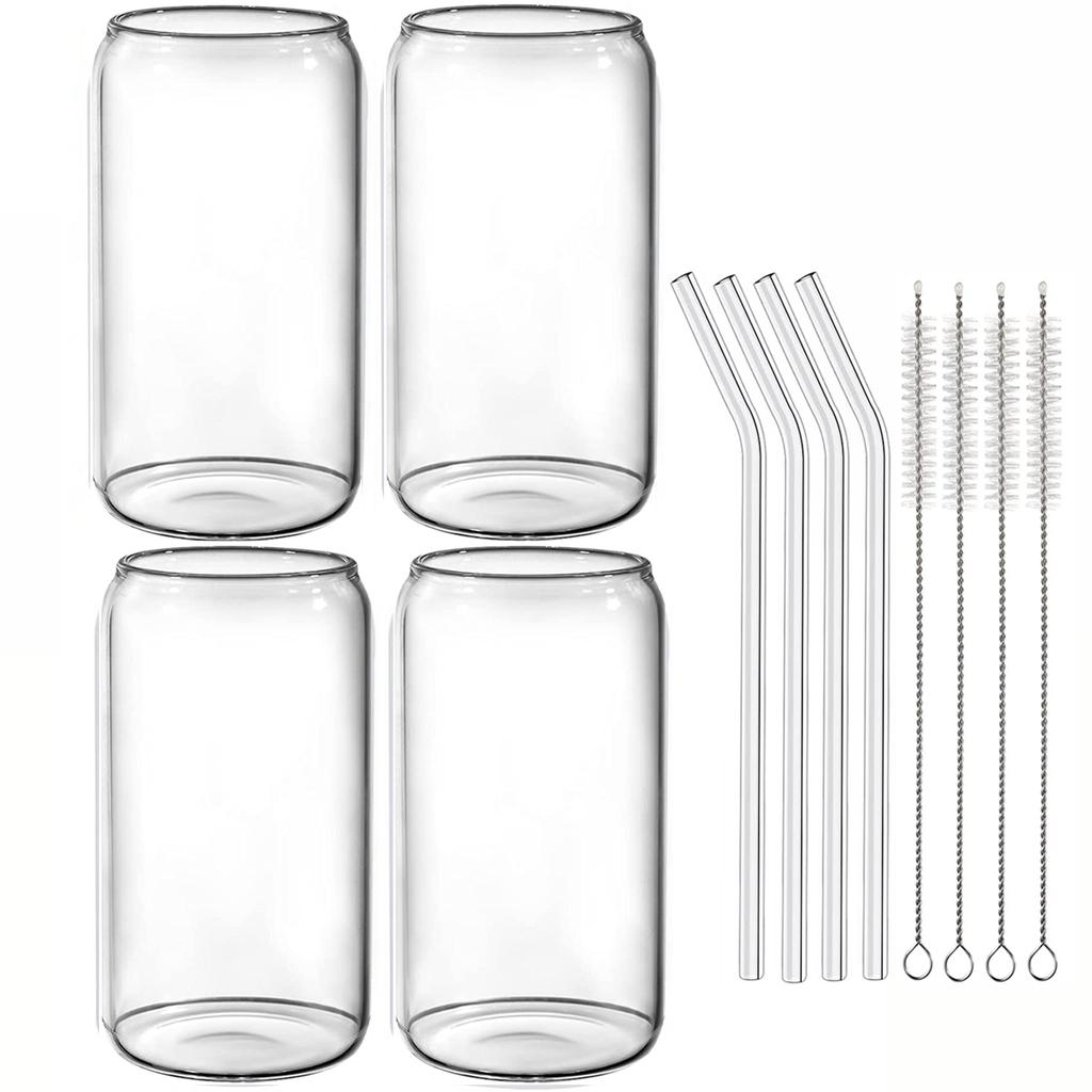 Trinkgläser mit Glasstrohhalm 4er-Set Dosenförmige Biergläser Tasse Eiskaffee-Gläser für Whiskey Soda Tee Cocktail Trinkgeschirr