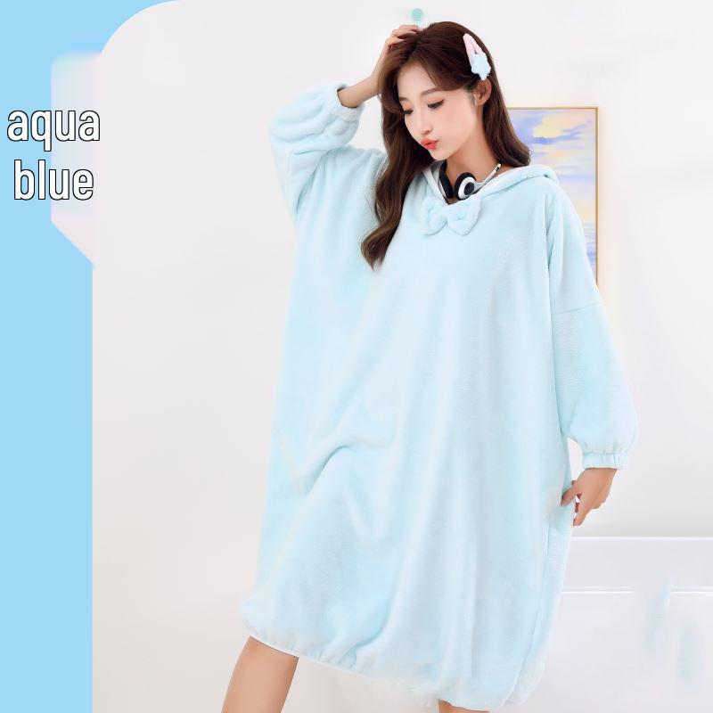 Morandi Color Fleece Hooded Bathrobe - Long Sleeve, Cozy, Warm Student Homewear