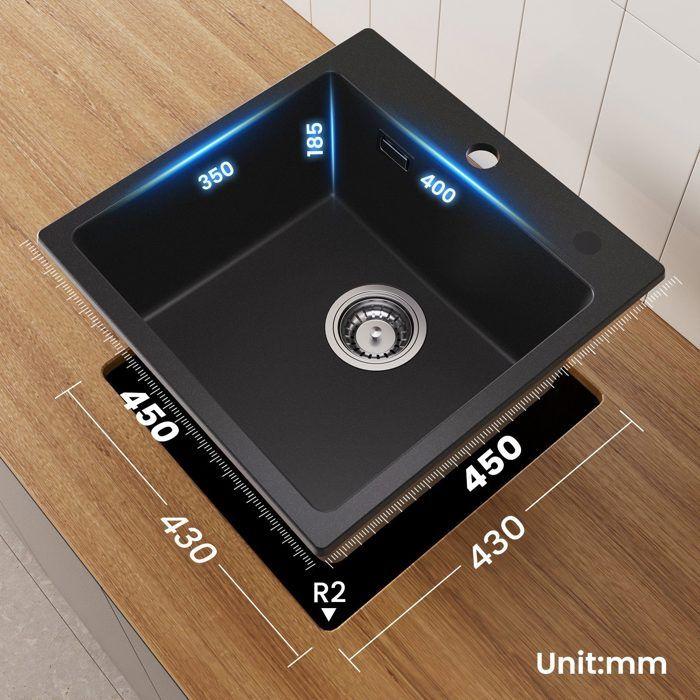 45x45cm Évier de Cuisine en granit a poser noir anthracite+Froide Robinet Noir