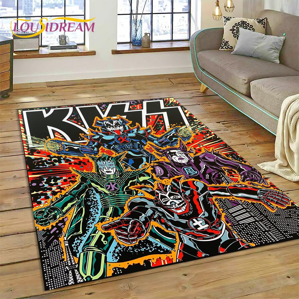 Nejnovější Koberec s motivem kapely Kiss Rock Heavy Metal pro Obývací pokoj Ložnici Domácí Dekorace, Protiskluzová Podložka Dekorace pro Pohovku Rohožka