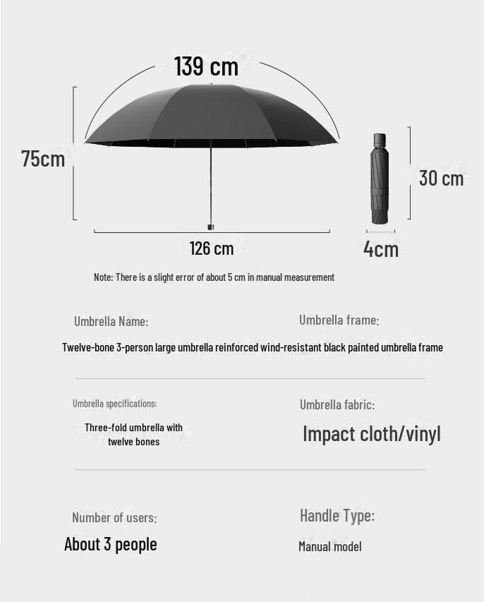 Twelve-Bone Folding Sunshade Umbrella - Large, Black, Logo-Printed for Sun and Rain Protection