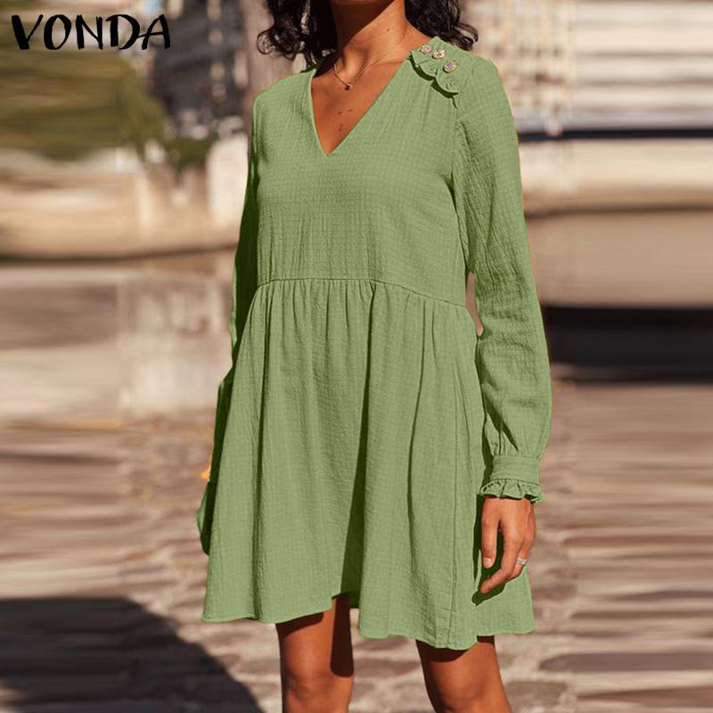 

VONDA женское модное однотонное свободное платье с v-образным вырезом и длинными рукавами, украшенное пуговицами S зелёный